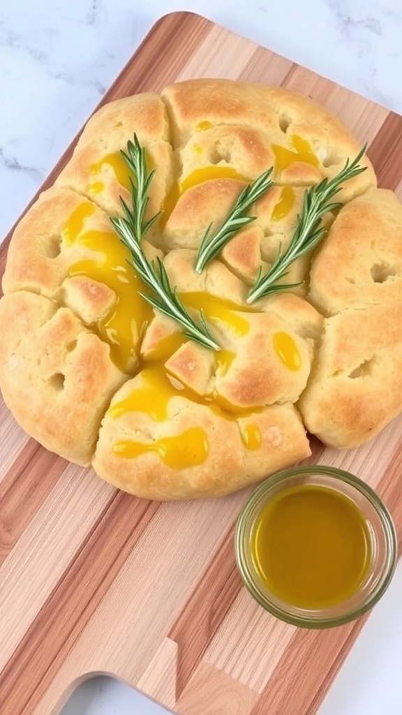 Homemade focaccia bread with rosemary and olive oil on a wooden board.